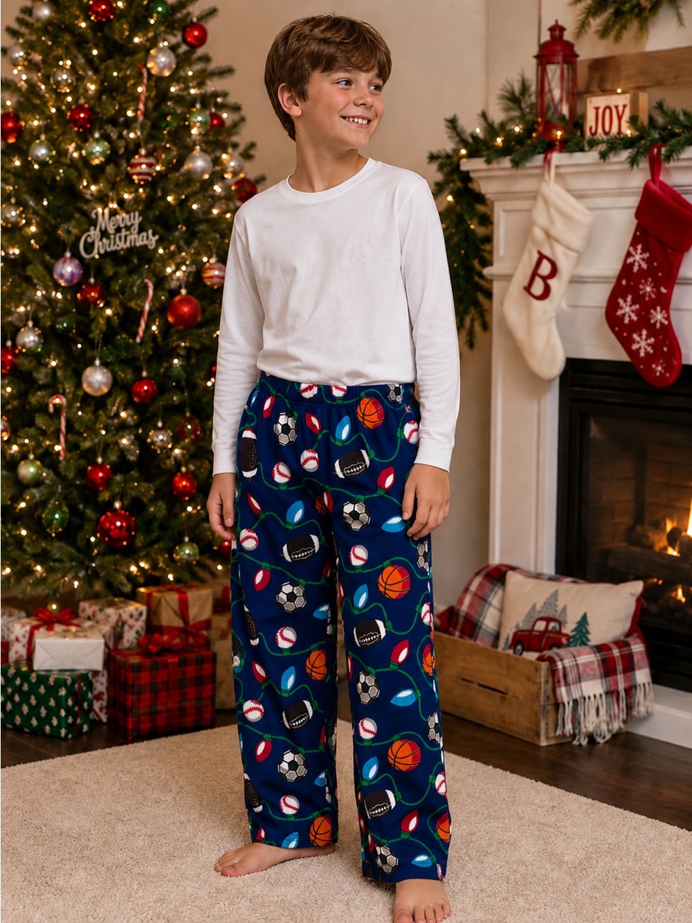 Christmas Sports Fleece Pajama Pants Boy L 10-12 Football Soccer Baseball Basket